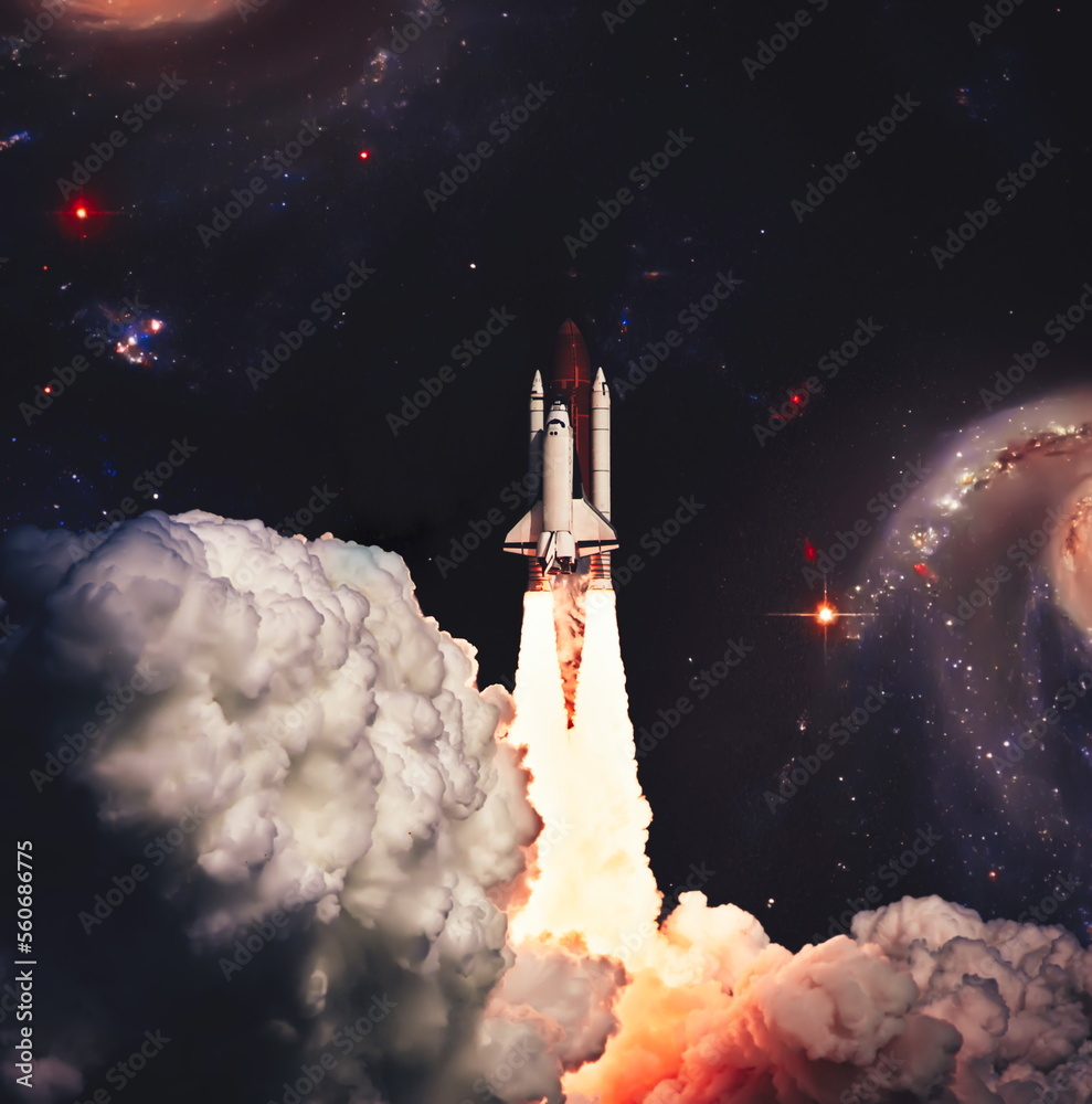 Wall mural shuttle launch in the clouds to outer space. dark space with stars on background.spaceship flight. e