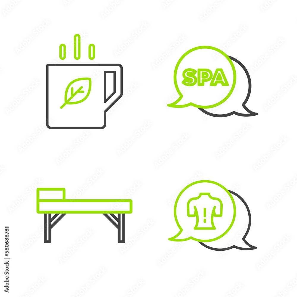 Poster set line massage, table, spa salon and cup of tea and leaf icon. vector