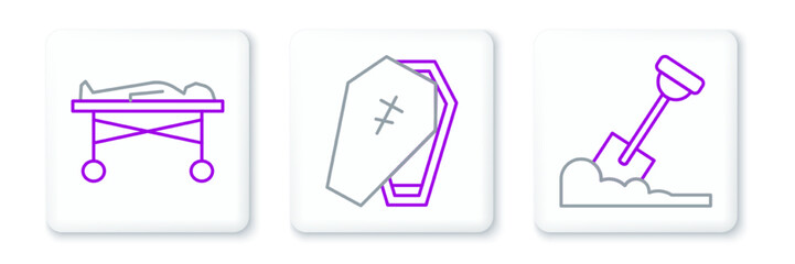Set line Shovel in the ground, Dead body morgue and Coffin with cross icon. Vector