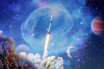 Obraz na płótnie Canvas Shuttle launch in the clouds to outer space. Dark space with stars on background.Spaceship flight. Elements of this image furnished by NASA