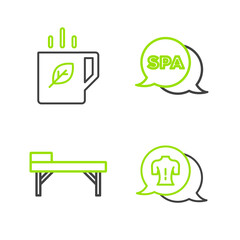Set line Massage, table, Spa salon and Cup of tea and leaf icon. Vector