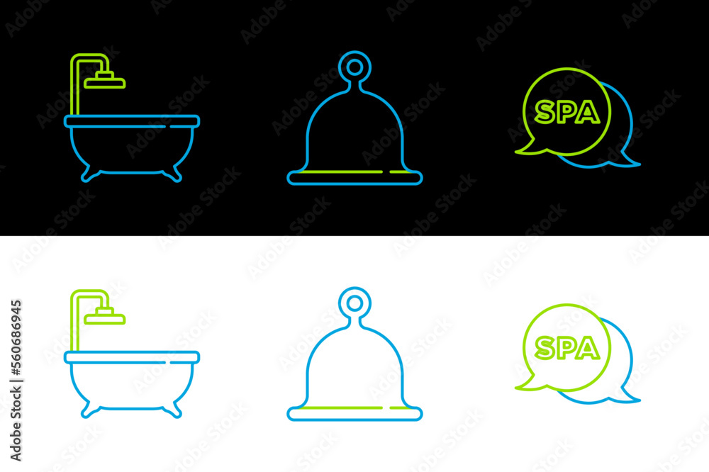 Sticker Set line Spa salon, Bathtub and Sauna hat icon. Vector