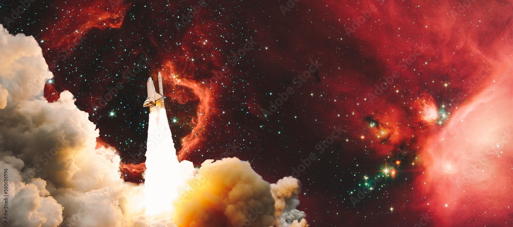 Wall mural shuttle launch in the clouds to outer space. dark space with stars on background.spaceship flight. e