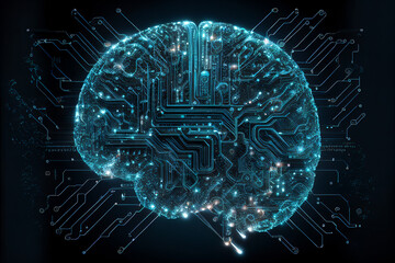 Human brain showing Intelligent thinking processing through the concept of a neural network printed circuit of big data and artificial intelligence, computer Generative AI stock illustration image