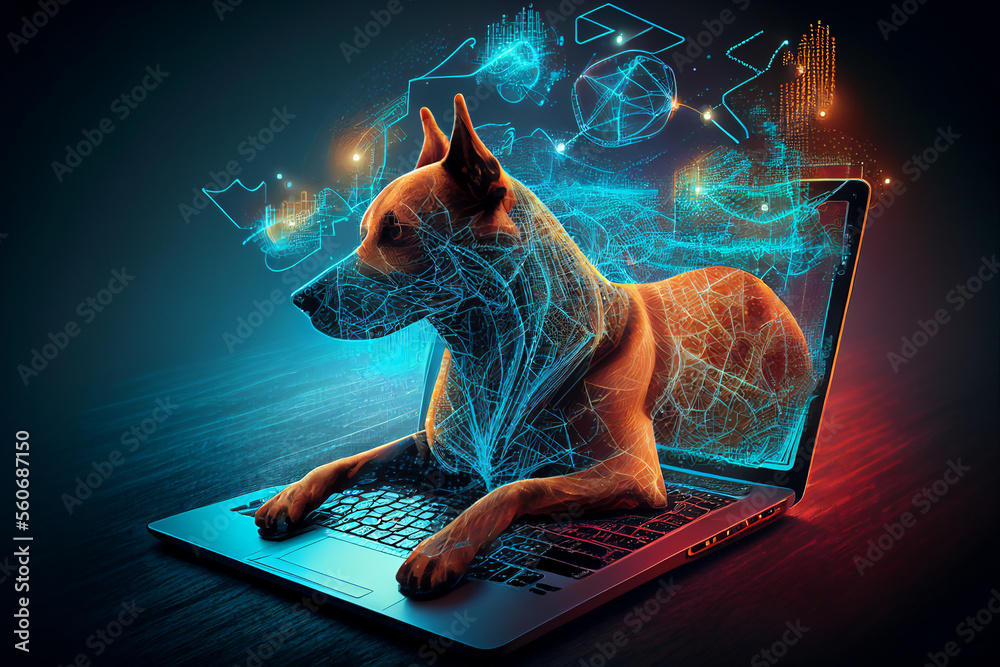 Wall mural dog surfing the internet network with big data and artificial intelligence, outlining concepts of ma