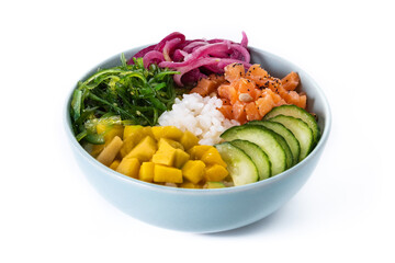Poke bowl with rice, salmon,cucumber,mango,onion,wakame salad, poppy seeds ands sunflowers seeds isolated on white background