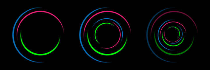 Gradient neon circle frame set. Line light. Glowing border isolated on dark background. Colorful night banner, vector light effect. Bright luminous form.