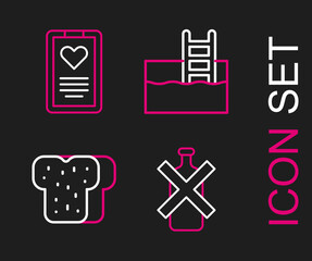 Set line No alcohol, Bread toast, Swimming pool with ladder and Medical clipboard icon. Vector