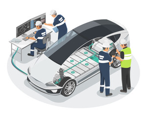 Electric Car Research and Development Manufacturing Engineer R and D team production ev car Motor and lithium battery li ion pack isometric Isolated vector illustration - obrazy, fototapety, plakaty