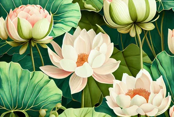 Foto op Canvas Botanical illustration as realistic watercolor of lotuses water lilies flowers and leaves generative AI art © S E P A R I S A