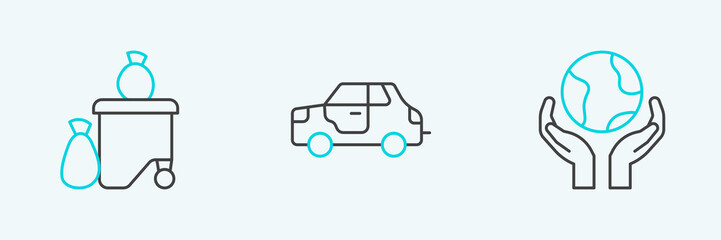 Set line Hands holding Earth globe, Full dustbin and Car icon. Vector