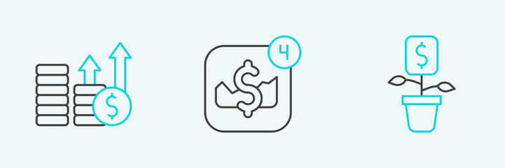 Set line Dollar plant, Financial growth and dollar and Mobile stock trading icon. Vector