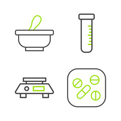 Set line Medicine pill or tablet, Electronic scales, Test tube and flask and Mortar pestle icon. Vector