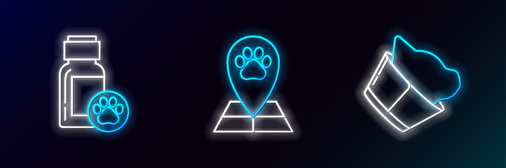 Set line Veterinary clinic symbol, Dog medicine bottle and Map pointer with veterinary hospital icon. Glowing neon. Vector