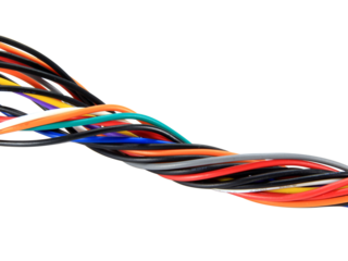 Multicolored wire cable of usb and adapter isolated on white background.Electronic Connector.Selection focus.