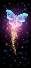 Flying delightful magical butterfly with sparkle and blazing trail in night sky. Love and romance concept.