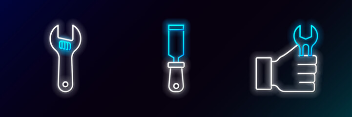 Set line Wrench spanner, Adjustable wrench and Rasp metal file icon. Glowing neon. Vector