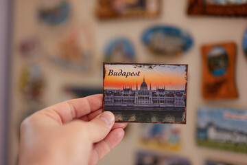 Budapest Hungary souvenir refrigerator magnet at hand.