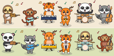 Cartoon Forest animal play music band. Sloth, Monkey, tiger, deer, panda and raccoon. Illustration set with different animals. Animals playing music instruments. 