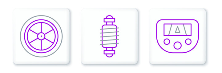 Set line Gps device with map, Bicycle wheel and suspension icon. Vector