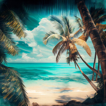 Sunny Tropical Beach With Palm Trees and Turquoise Water. Generative Ai