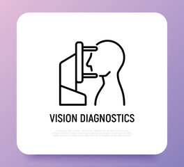 Vision diagnostics: human looking at ophthalmic refractometer. Thin line icon. Modern vector illustration for ophthalmology.