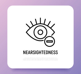 Ophthalmology thin line icon: nearsightedness. Human eye with minus sign. Modern vector illustration.
