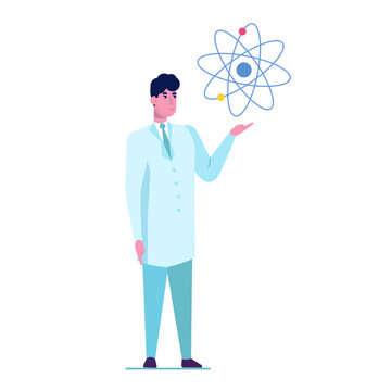 Man scientists showing atomic model. Vector illustration.