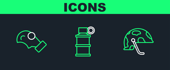 Set line Military helmet, Gas mask and Hand smoke grenade icon. Vector