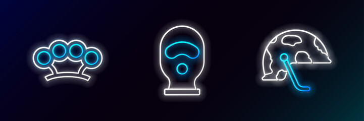 Set line Military helmet, Brass knuckles and Balaclava icon. Glowing neon. Vector