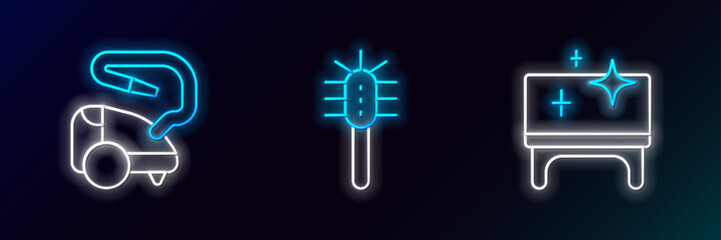 Set line Clean table, Vacuum cleaner and Toilet brush icon. Glowing neon. Vector