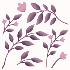 Wild floral watercolor element set of floral elements. Pink flowers and purple leaves. Wedding concept - flowers. Floral poster, invite. Vector arrangements for greeting card or invitation design.