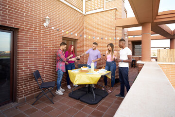 Group of friends enjoying having a party on a terrace. Friendship concept.
