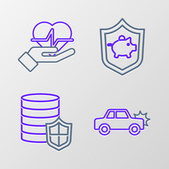 Set line Car, Money with shield, Piggy bank and Life insurance in hand icon. Vector