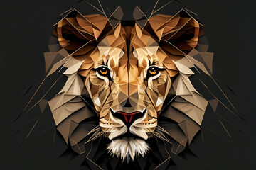 Geometric lion head with the face in a polygon abstract pattern, computer Generative AI stock illustration image - obrazy, fototapety, plakaty