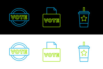 Set line Paper glass with straw, Vote and box icon. Vector