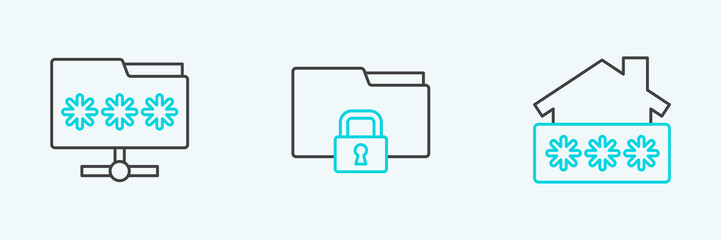 Set line House with password, Folder and and lock icon. Vector