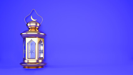 Ramadan background with golden lantern and copy space, 3d rendering illustration. Muslim Holy Month Ramadan Kareem wallpaper design.