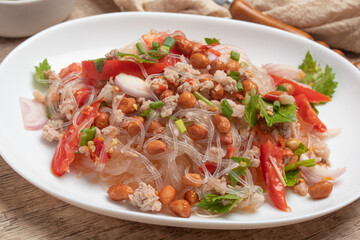 Vermicelli salad with minced pork, spicy food.Thai food