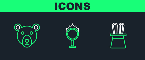 Set line Magician hat and rabbit ears, Bear head and Circus fire hoop icon. Vector