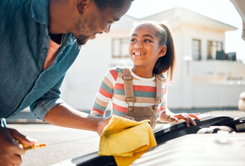 Car problem, father and child learning to change motor oil, mechanic repair and fix family vehicle...