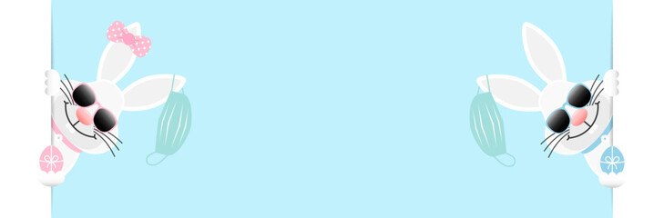 2 Weiße Osterhasen Mädchen und Junge Ostereier Maske Am Ohr Sonnenbrille Banner Innen Himmel