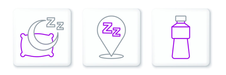 Set line Bottle of water, Time to sleep and Sleepy icon. Vector