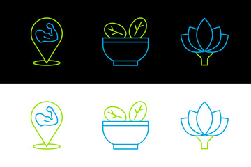 Set line Lotus flower, Bodybuilder muscle and Salad in bowl icon. Vector