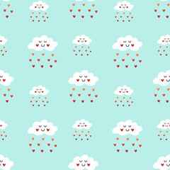 Seamless pattern of a cloud raining hearts. All over print