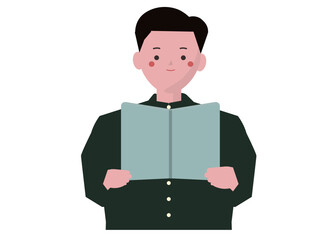 笑顔で教科書を読む男子学生。読書週間と学校の生徒。ベクターイラスト