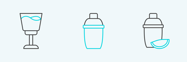 Set line Cocktail shaker with lime, Wine glass and icon. Vector