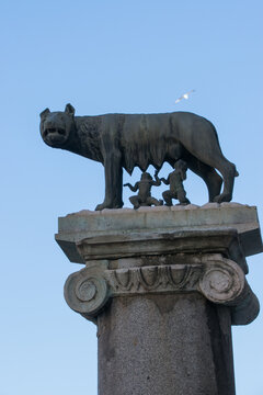 The Capitoline Wolf (Lupa Capitolina) is a bronze sculpture showing a she-wolf suckling the twin founders Romulus and Remus. Piazza del Campidoglio (Capitoline Hill), Rome, Italy