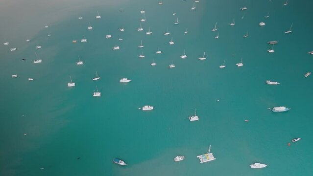 aerial perspective of boats,many yachts,blue water