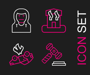 Set line Judge gavel, Burning car, Arson home and Thief mask icon. Vector